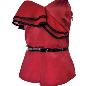 BEBE Red belted ruffle women's strapless Top Blouse Size S